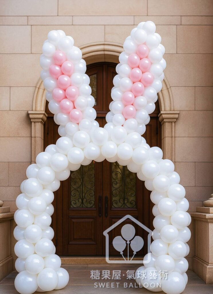白色巨型兔子造型氣球拱門搭配粉色兔耳，適合兒童活動、復活節及親子派對佈置