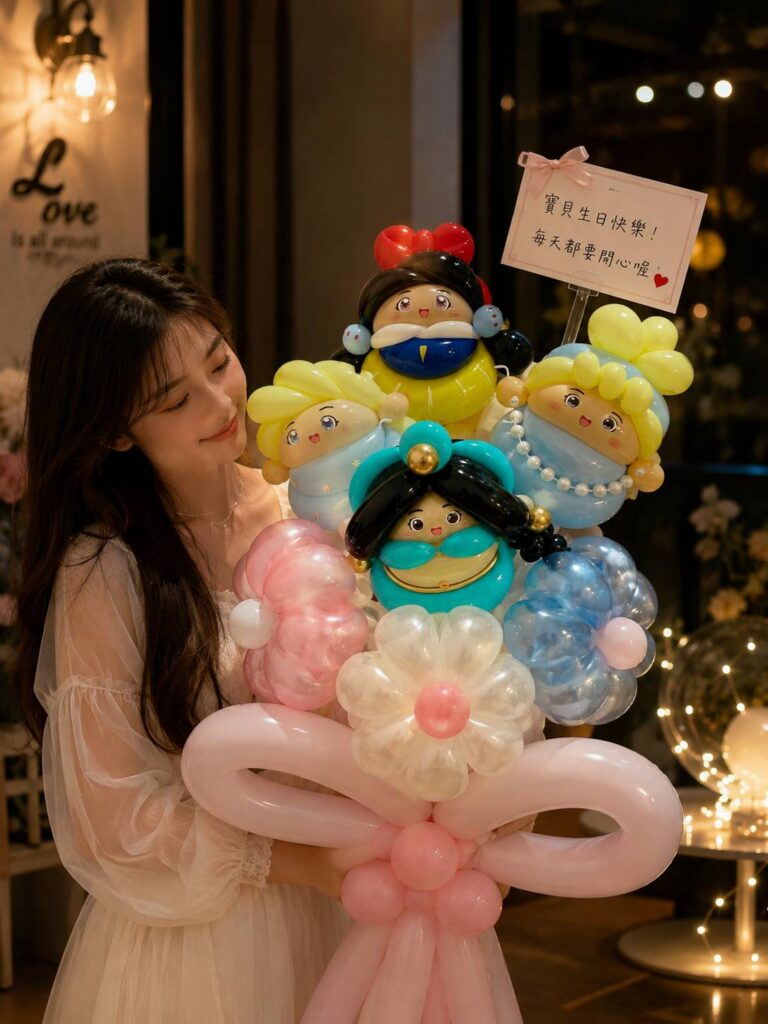 公主主題造型氣球花束，繽紛配色適合生日與兒童驚喜送禮