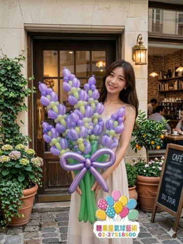 紫色花朵造型氣球花束，適合生日告白及浪漫驚喜送禮