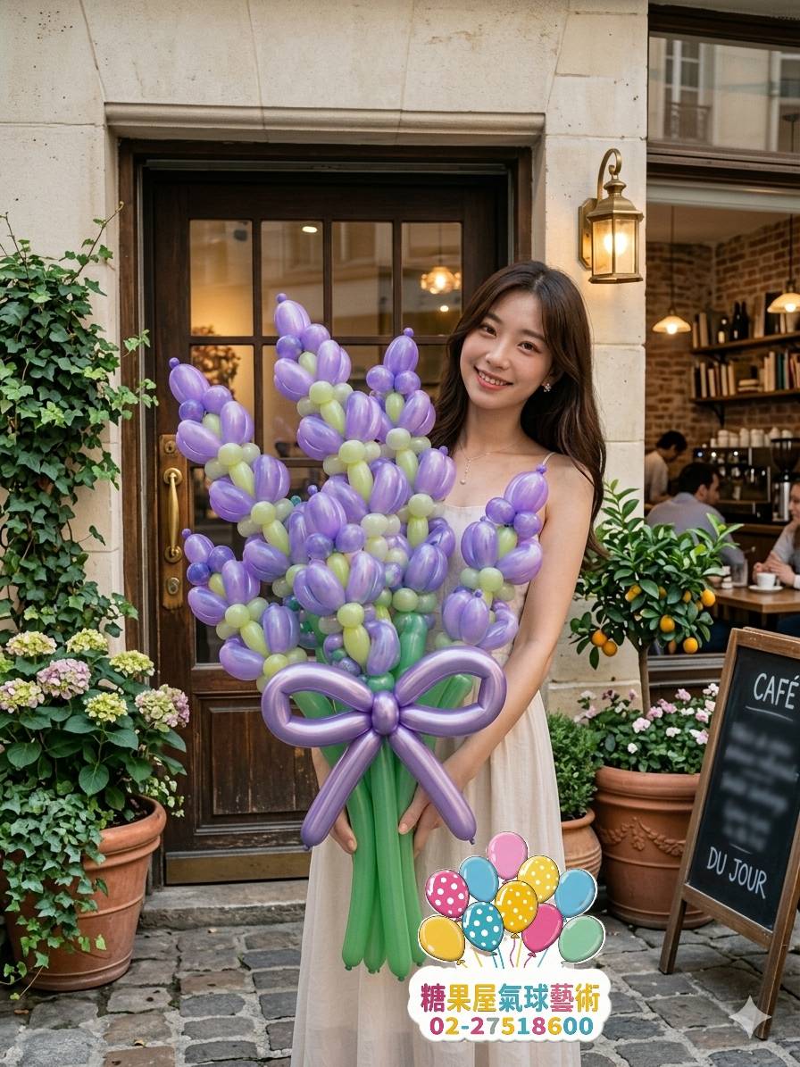 紫色花朵造型氣球花束，適合生日告白及浪漫驚喜送禮