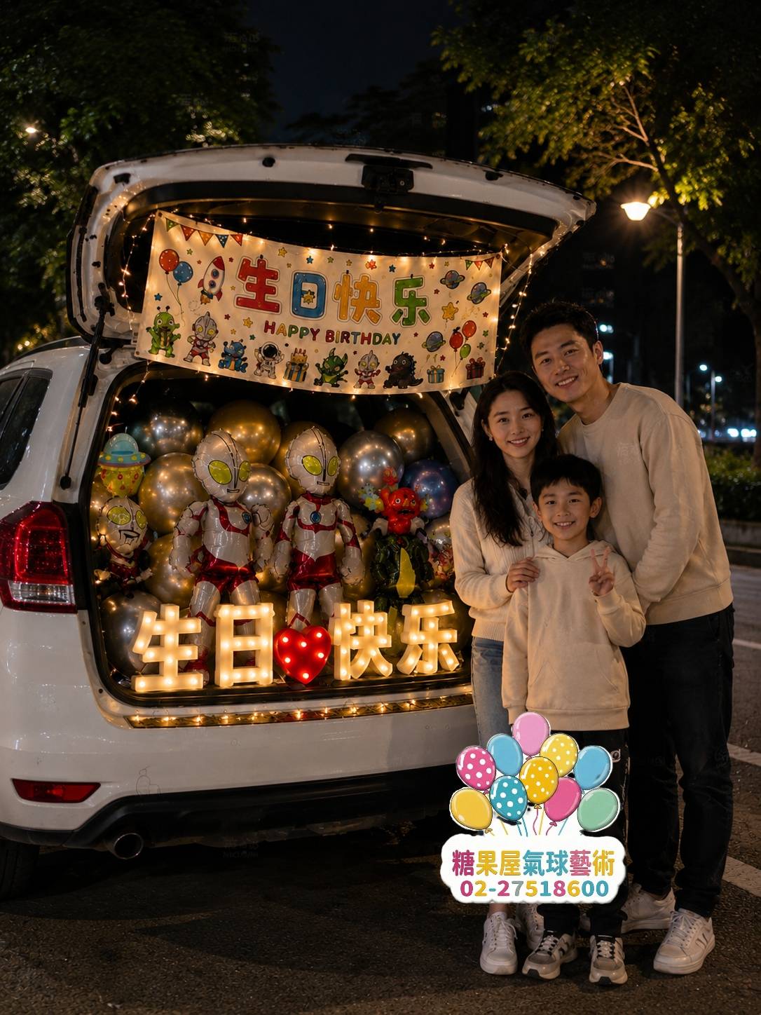 生日驚喜後車廂氣球佈置，搭配生日燈牌與造型氣球