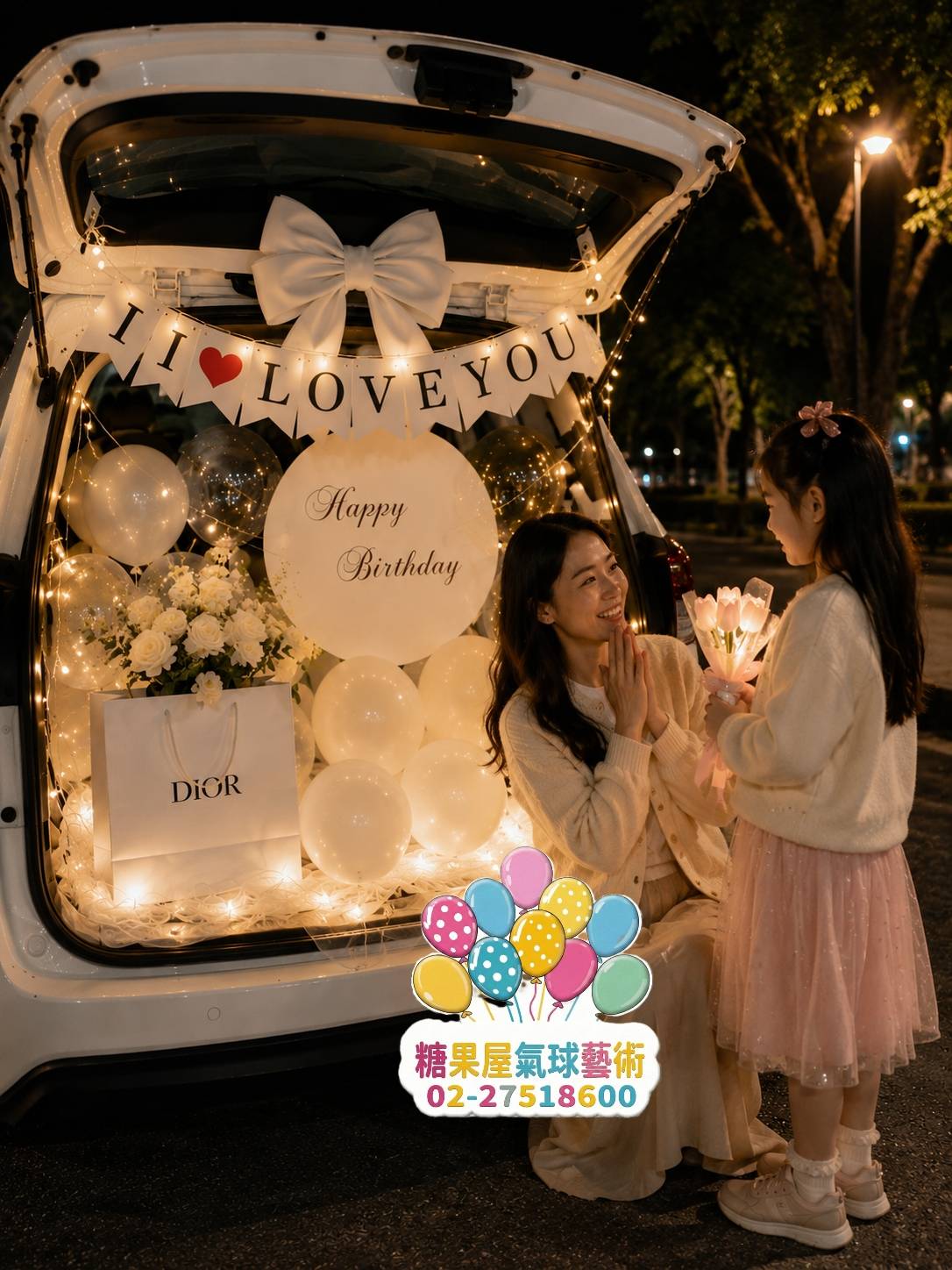 後車廂求婚氣球佈置，白金色氣球搭配 生日字母、燈串，打造浪漫求婚驚喜。