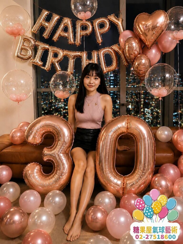 玫瑰金30歲生日氣球佈置｜30歲生日派對氣球